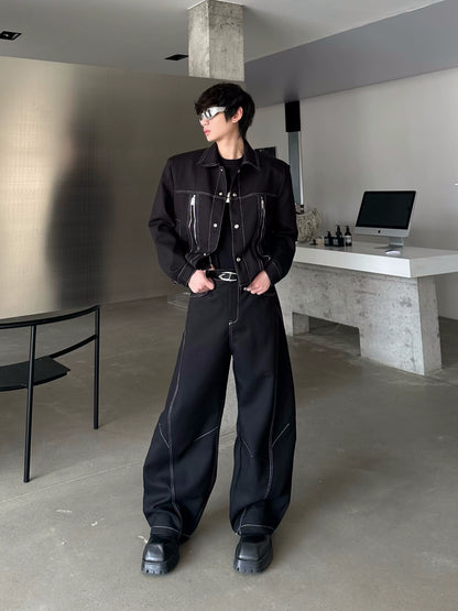 Zipper Design Jacket & Curved Wide Leg Pants Setup WN16769