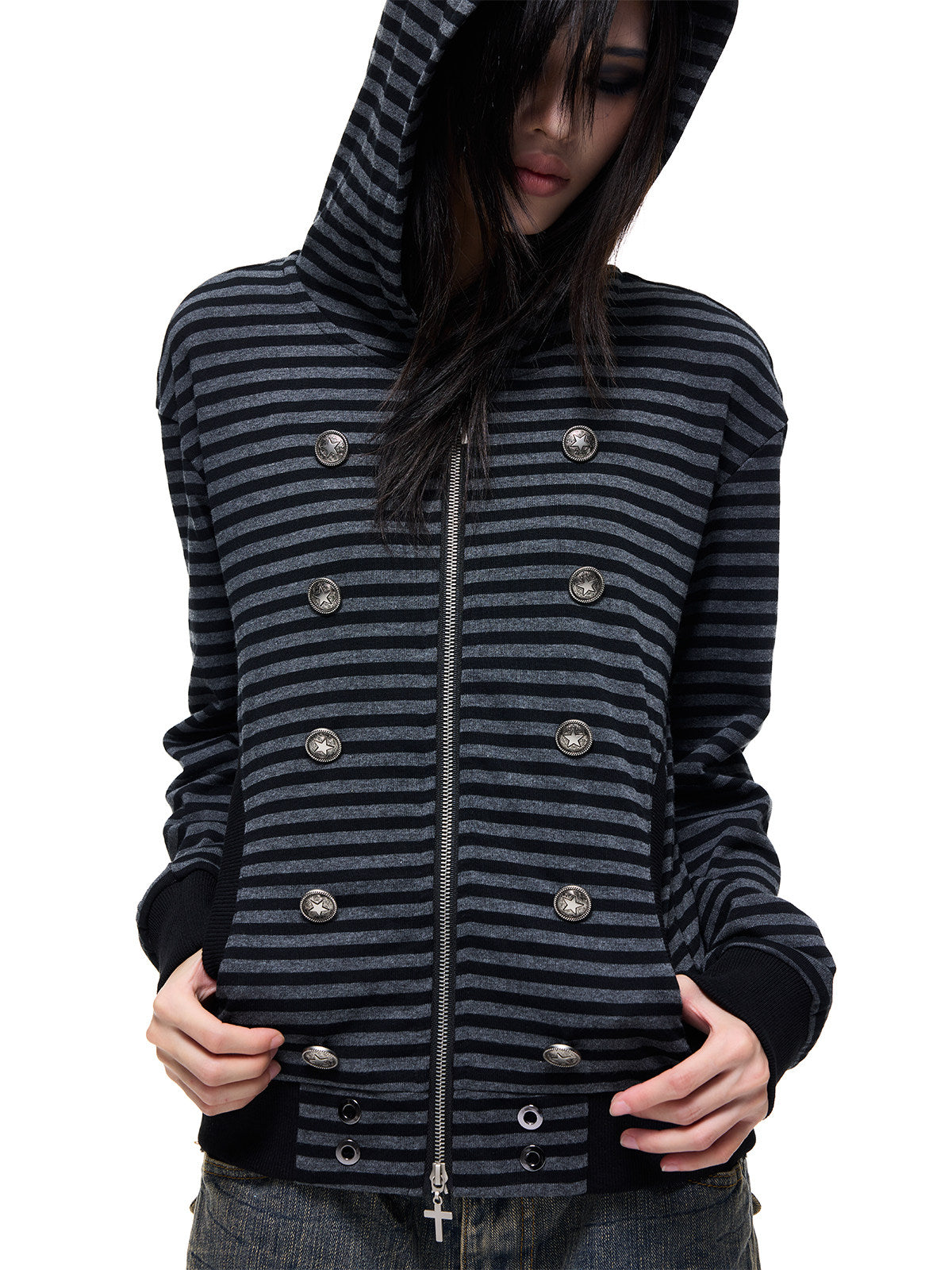 Stripe Decorative Button Cross Zipper Pull Zipper Hoodie WN27308