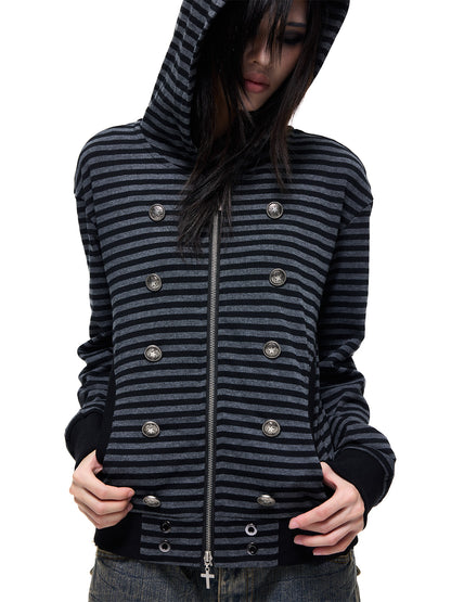 Stripe Decorative Button Cross Zipper Pull Zipper Hoodie WN27308