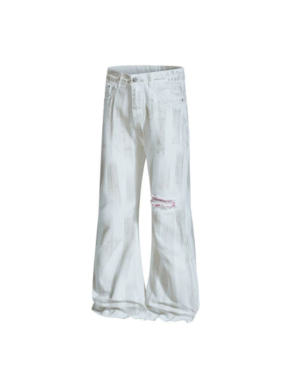 Vertical Brush Ripped Print Wide Leg Denim Jeans WN27851