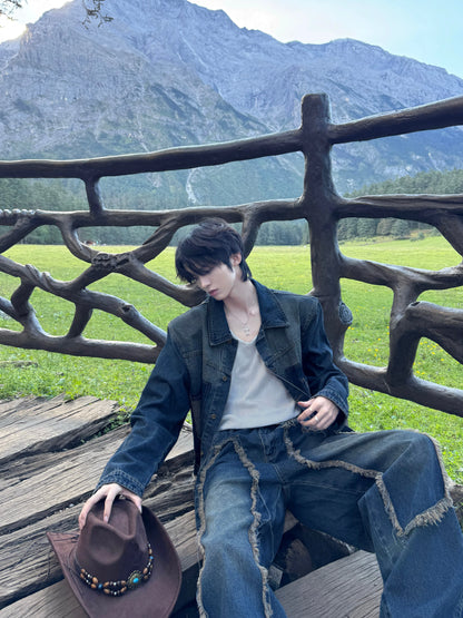 Washed Fringe Denim Jacket & Wide Leg Denim Jeans Setup WN20764