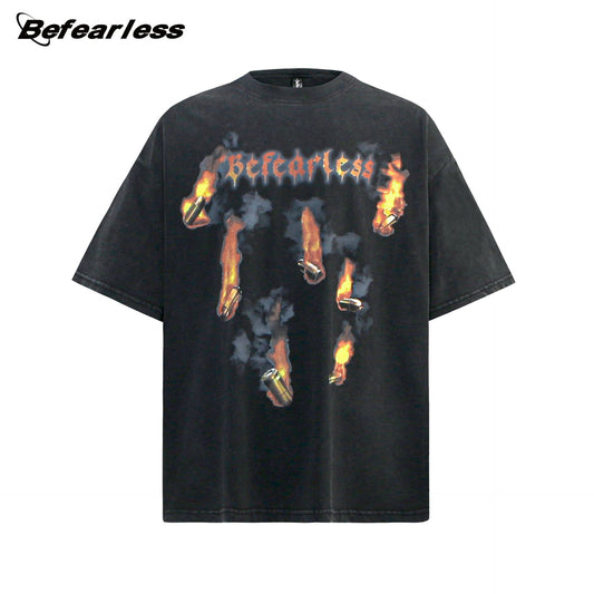 Washed Flame Bullet Graphic Oversize Short Sleeve T-Shirt WN26229