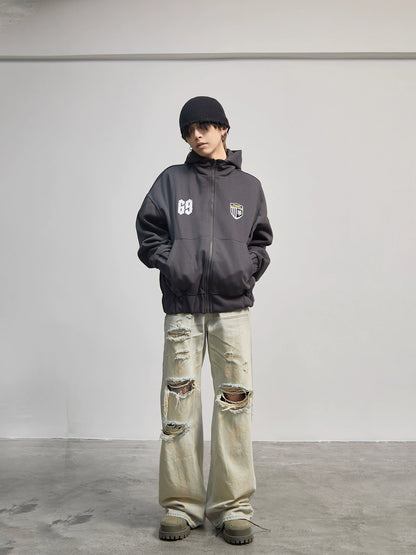 Letter Embroidery Print Zipper Hoodie WN21176