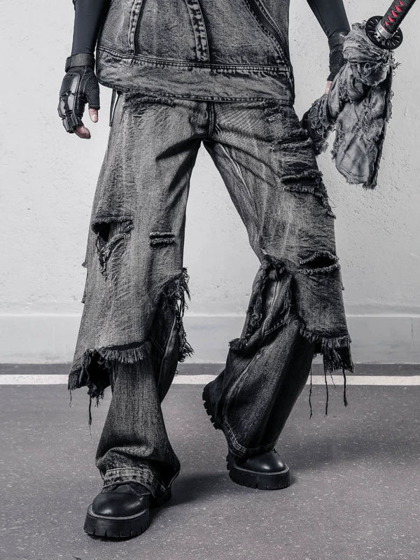 Tactical Fake Layered Damage Fringe Denim Jeans WN22418