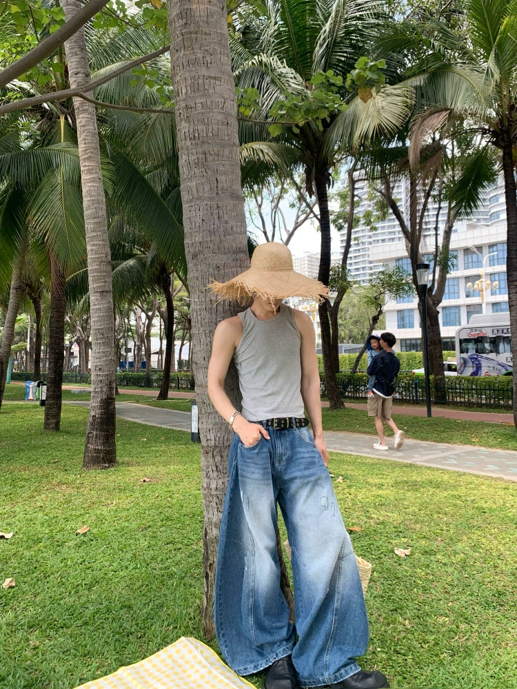 Scimitar Cut Damage Wide Leg Denim Jeans WN19732