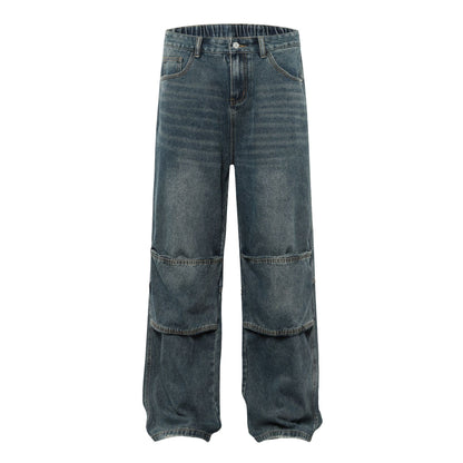 Washed Pleats Patchwork Wide Leg Denim Jeans WN26071