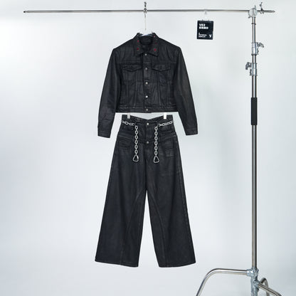 Wax Coated Short Denim Jacket & Wax Coated Wide Leg Denim Jeans Setup WN24302