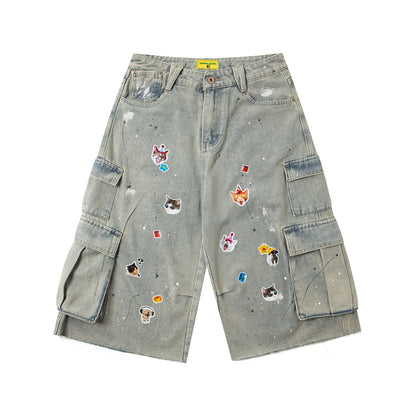 Sticker Paint Cargo Half Denim Jeans WN26747