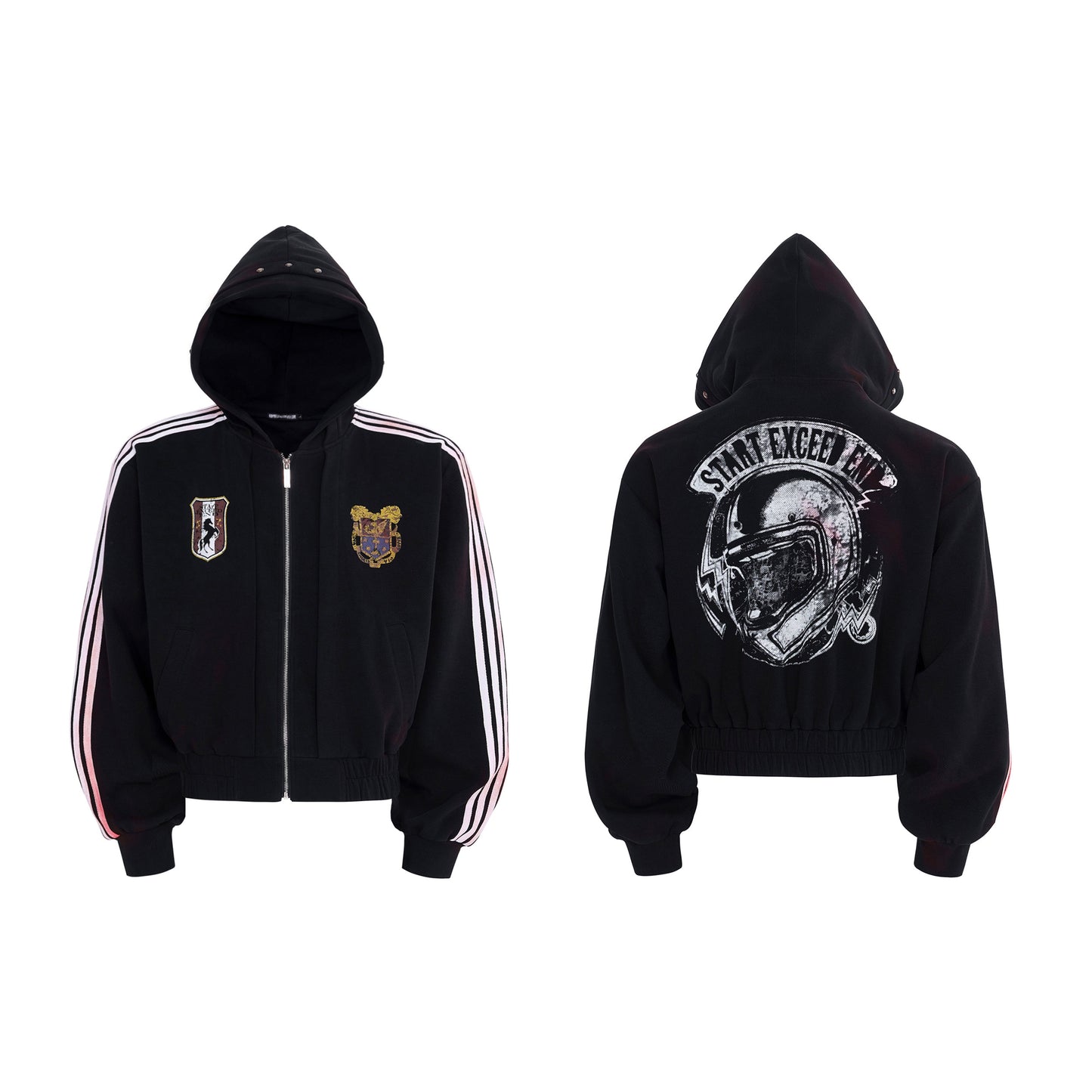 Four Stripe Damage Badge Embroidery Double Layer Hooded Jacket & Sporty Pants Setup WN23269