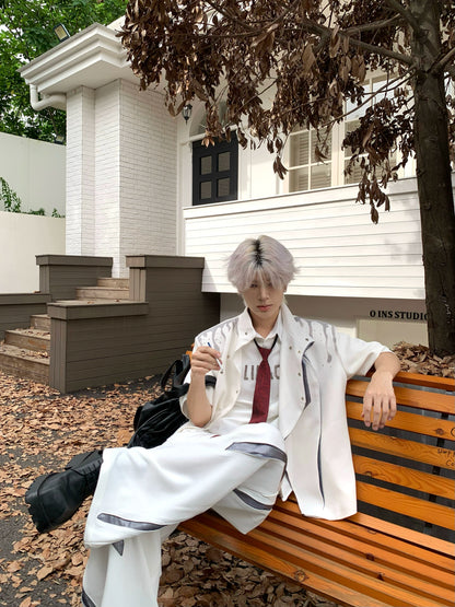 Paint Deconstructed Metal Short Sleeve Jacket & Paint Wide Leg Pants Setup WN19756