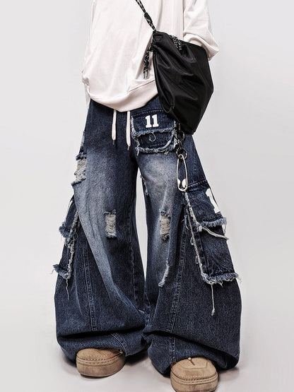 Number Patch Damage Wide Leg Cargo Denim Jeans WN24012