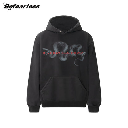 Snake Graphic Letter Print Washed Hoodie WN26220