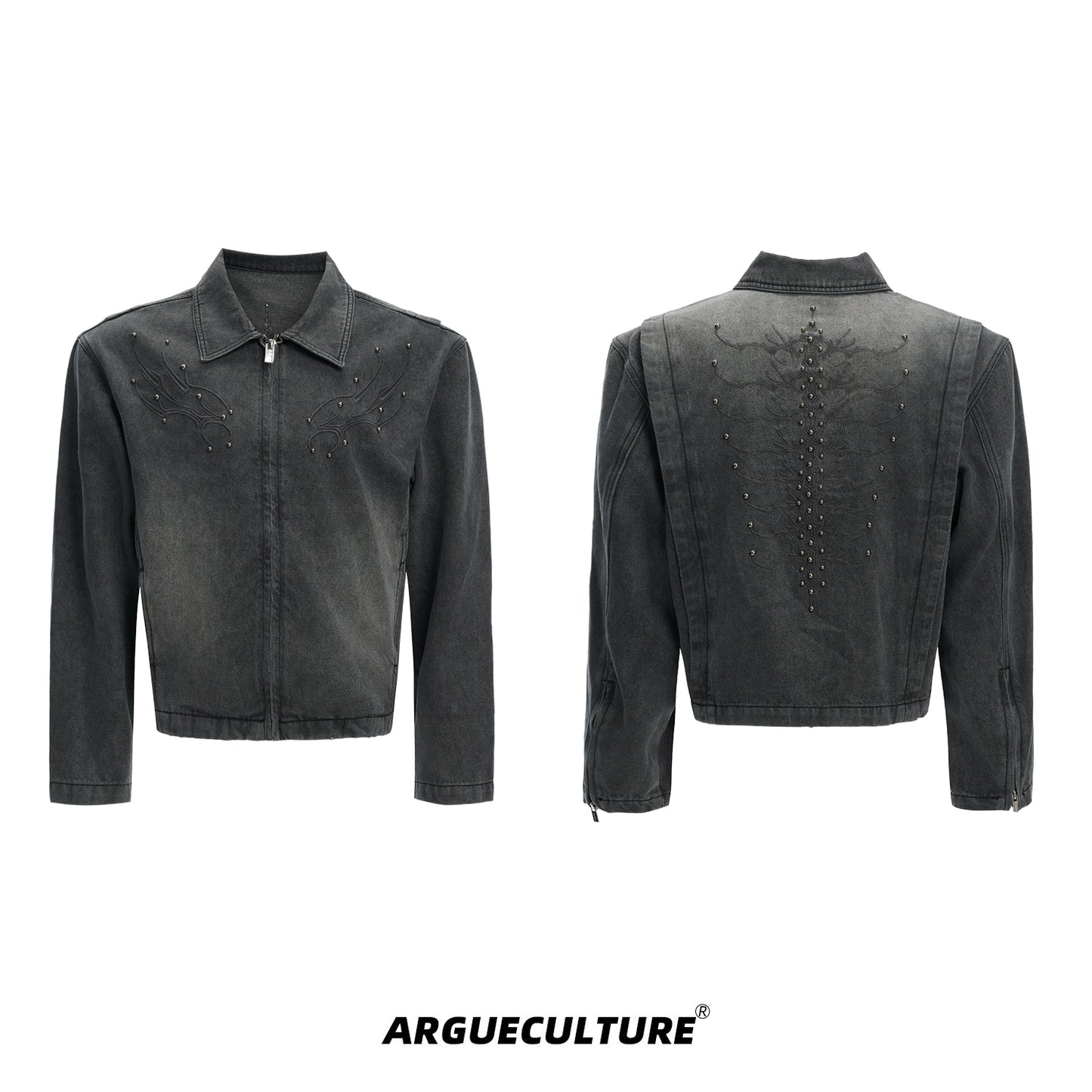 Washed Studs Spine Short Denim Zipper Jacket WN16329