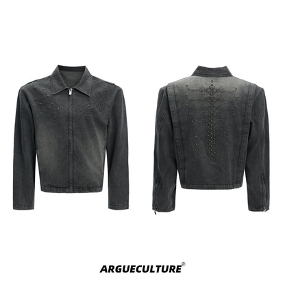 Washed Studs Spine Short Denim Zipper Jacket WN16329