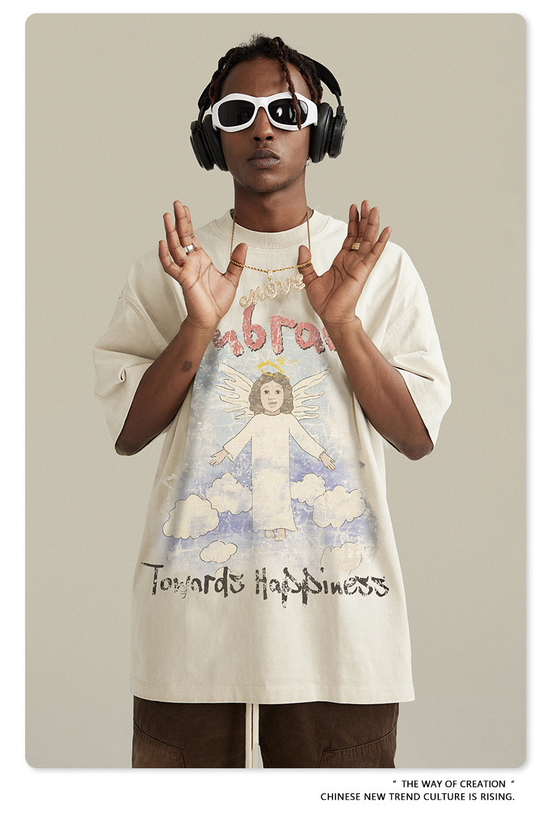 Oversize Angel Print Round Neck Short Sleeve T-Shirt WN7893