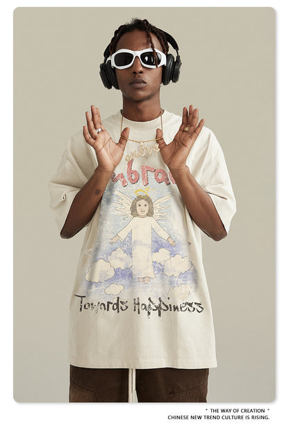 Oversize Angel Print Round Neck Short Sleeve T-Shirt WN7893