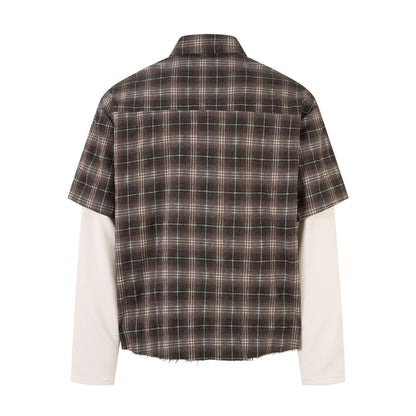 Plaid Letter Embroidery Fake Layered Long Sleeve Shirt WN25856
