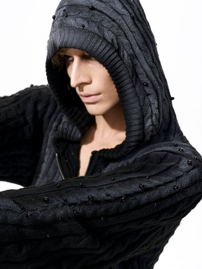 Gradient Cable Knit Zippr Hoodie & Stand Collar Knit Zipper Cardigan WN21769