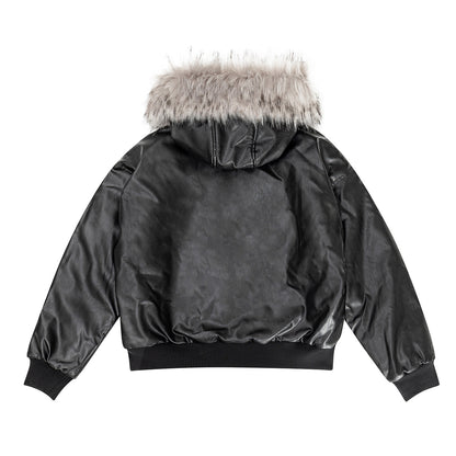 PU Leather Detachable Fur Collar Padded Parker Jacket WN11312