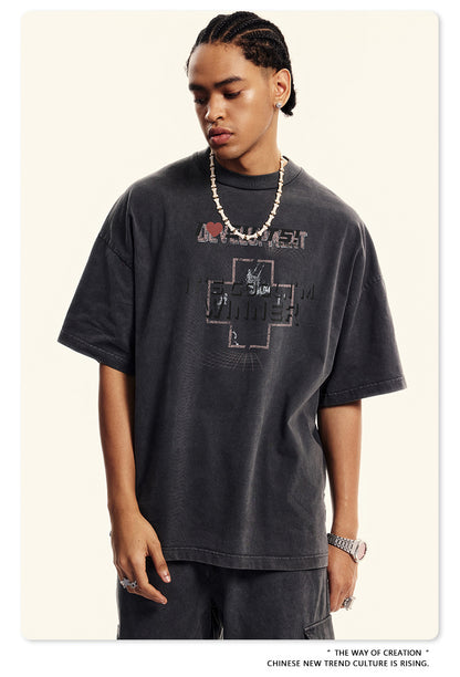 Washed Print Oversize Short-sleeve T-shirt WN6422