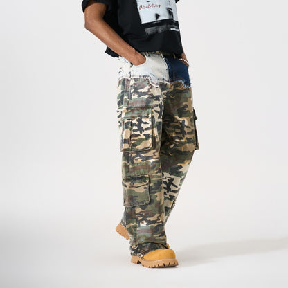 Denim Camouflage Patchwork Multi-Pocket Wide Leg Cargo Pants WN27858