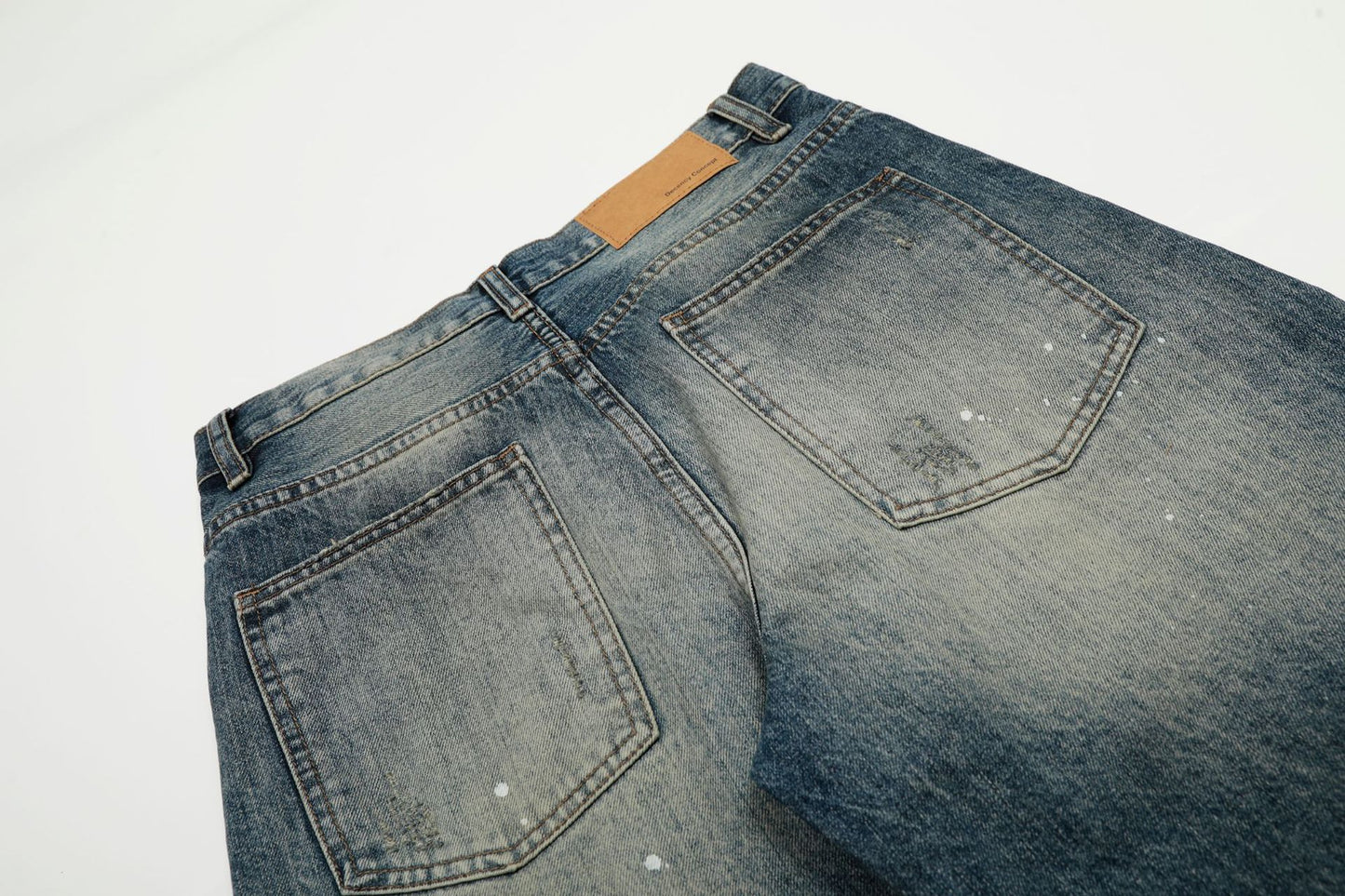 Washed Whisker Paint Splatter Curved Denim Jeans WN26141