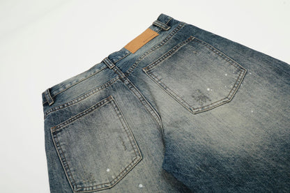Washed Whisker Paint Splatter Curved Denim Jeans WN26141