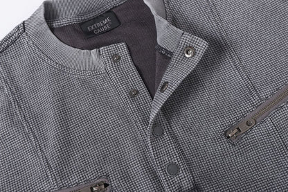 Half-Open Collar Check Wash Damage Short Sleeve T-Shirt WN25643