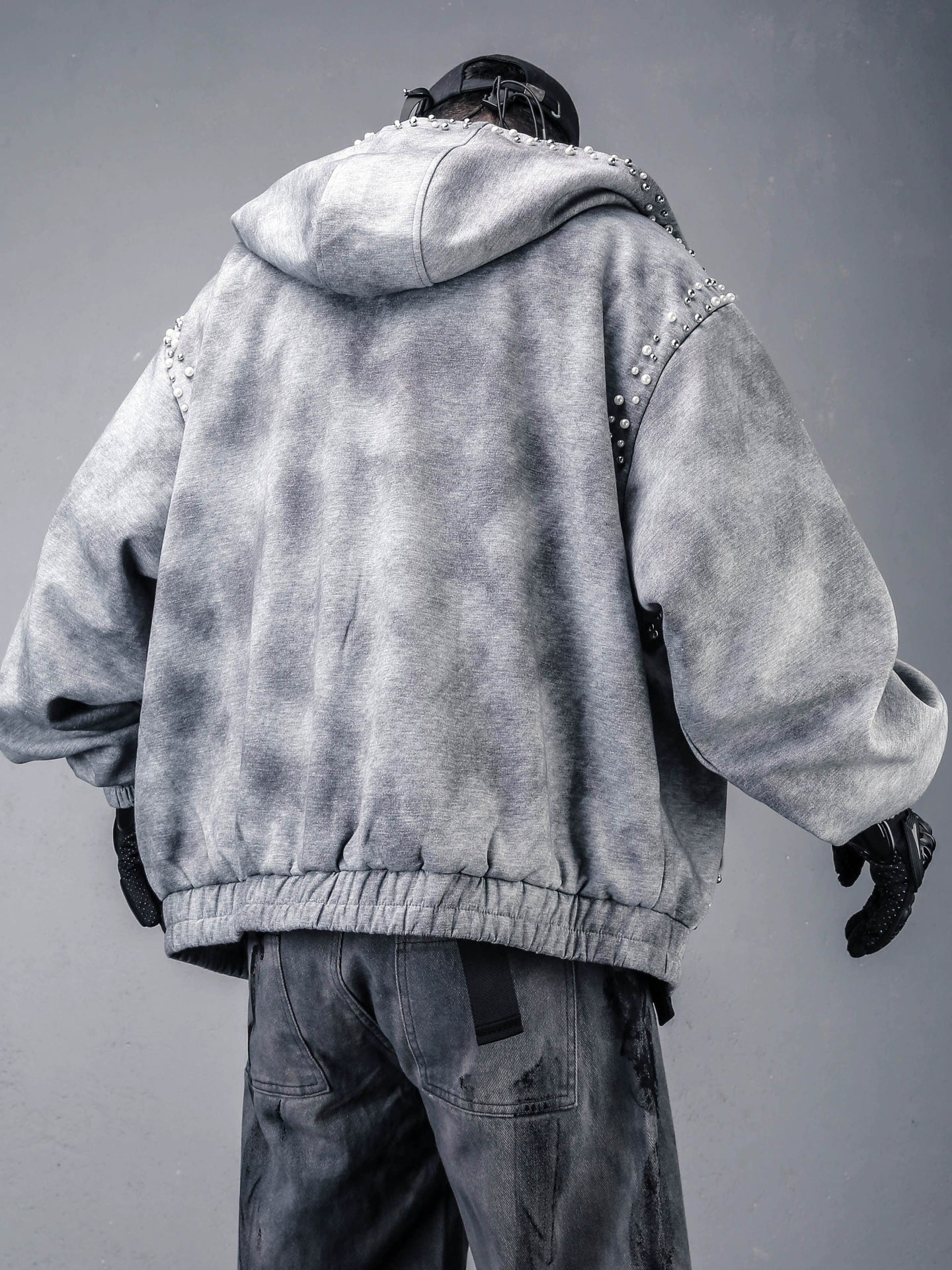 Pearl Beads Decor Fleece Lining Oversize Zipper Hoodie WN22446