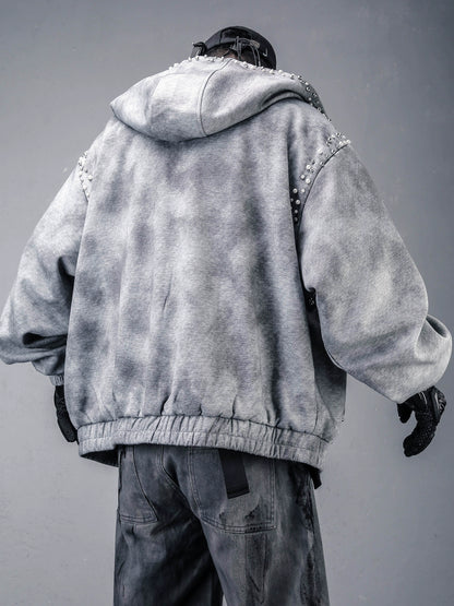 Pearl Beads Decor Fleece Lining Oversize Zipper Hoodie WN22446