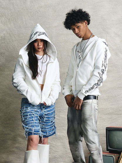 Graphic Applique Embroidery Zipper Hoodie WN20978