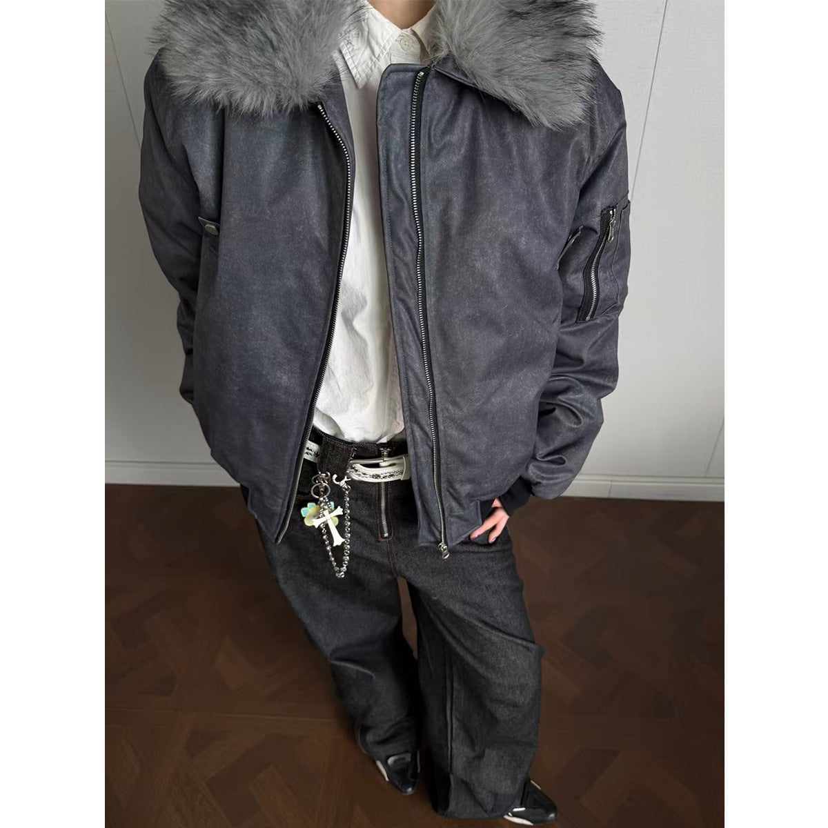 Detachable Fake Fur Collar PU Leather Jacket WN21935