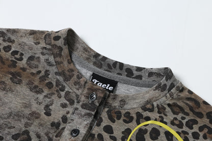 Leopard Letter Print Button Placket Short Sleeve T-Shirt WN25787