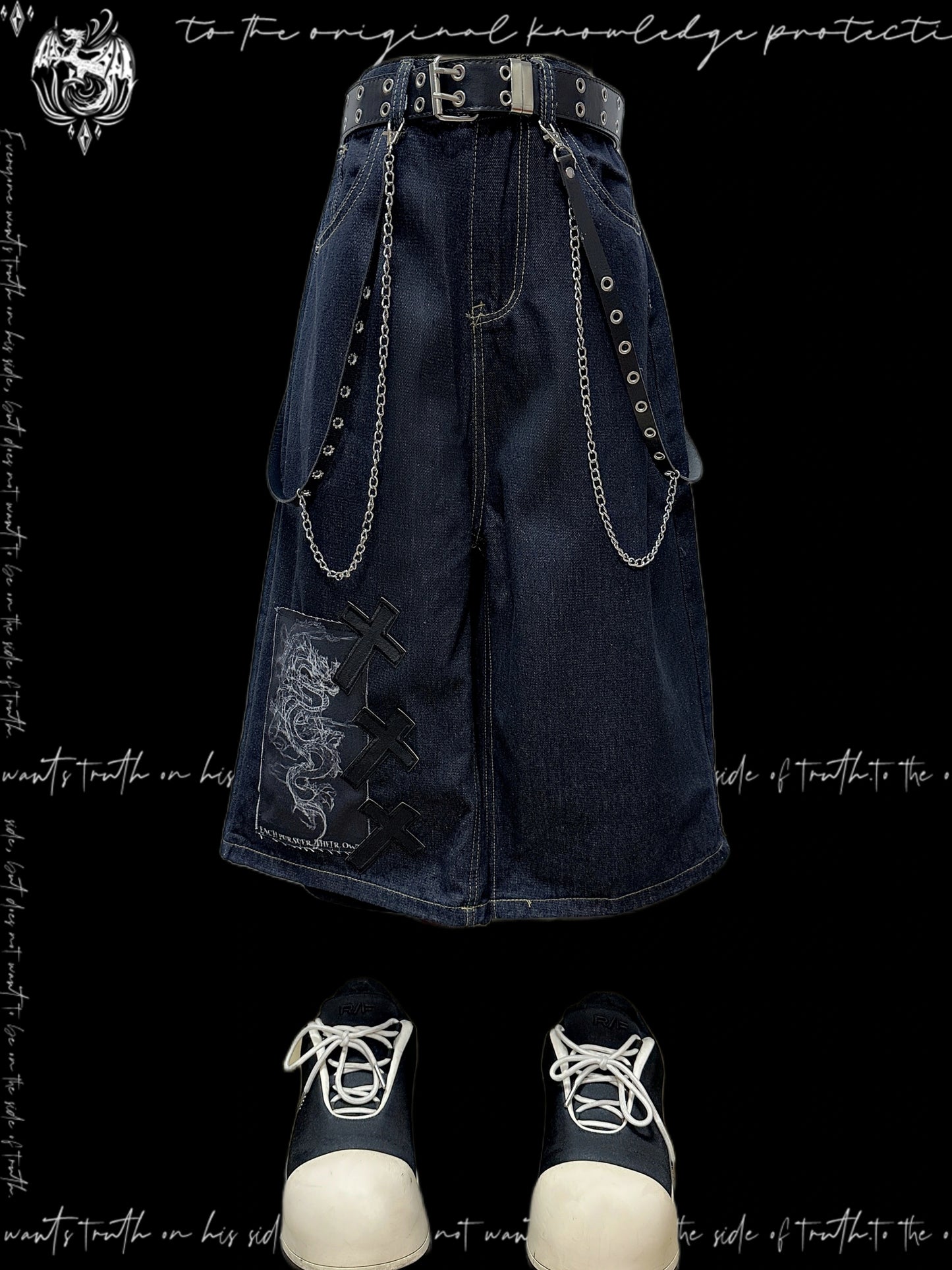 Patchwork Wide Leg Half Denim Jeans & Belt & Chain WN20127