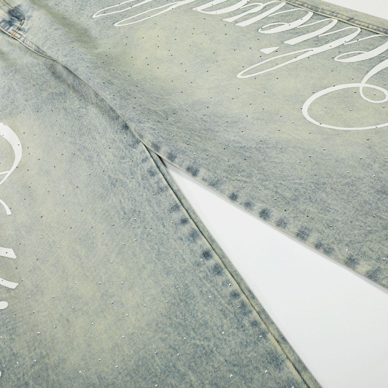Washed Letter Print Wide Leg Denim Jeans WN25419