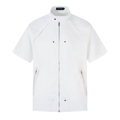 Stand Neck Zipper Structured Short Sleeve Shirt Jacket WN26873