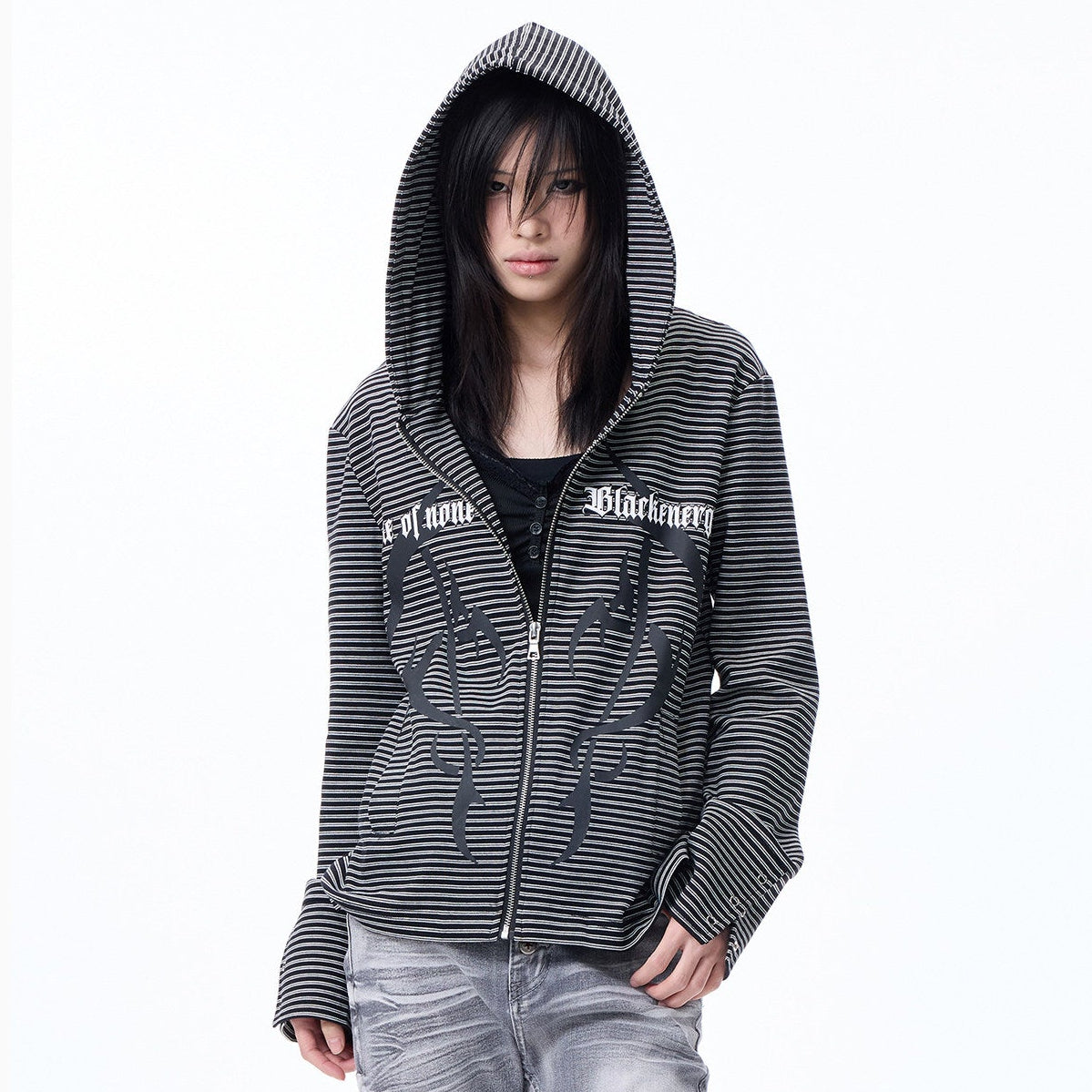 Striped Print Cropped Zipper Hoodie WN27274