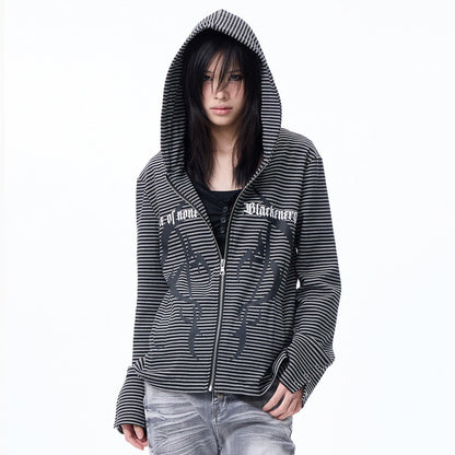 Striped Print Cropped Zipper Hoodie WN27274