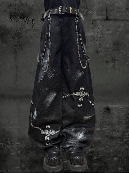 Paint Print Wide Leg Denim Jeans & Bandana Waist Panel & Skull Belt & Belt Chain WN23793