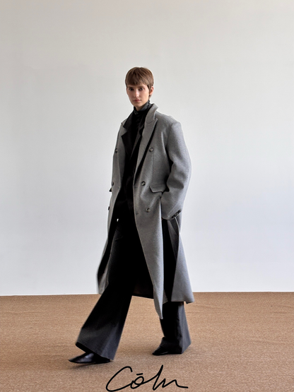 Wool Double Breasted Split Hem Long Coat WN21572