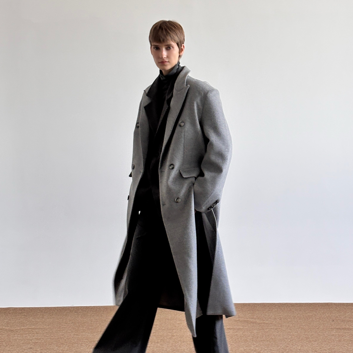 Wool Double Breasted Split Hem Long Coat WN21572