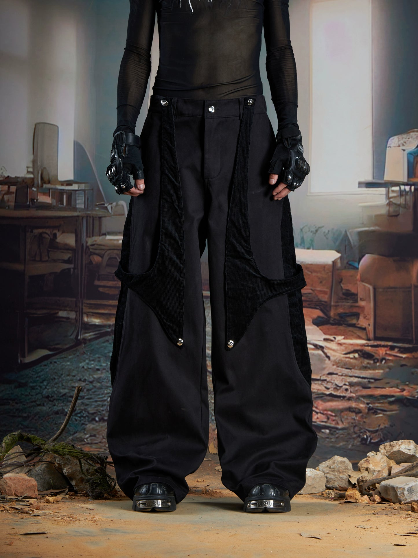 Detachable Patchwork Corduroy Wide Leg Pants WN21368