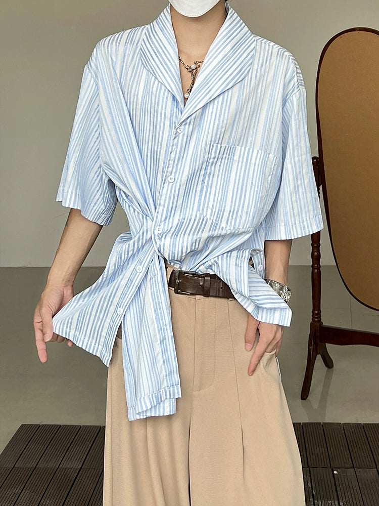 Stripe Irregular Cuban Collar Short Sleeve Shirt WN19999