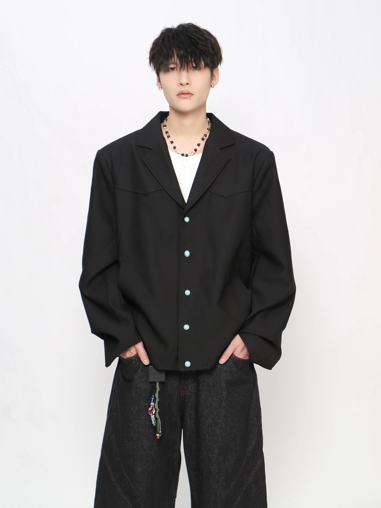 Color Black Shoulder-Pad Tailored Jacket WN21024