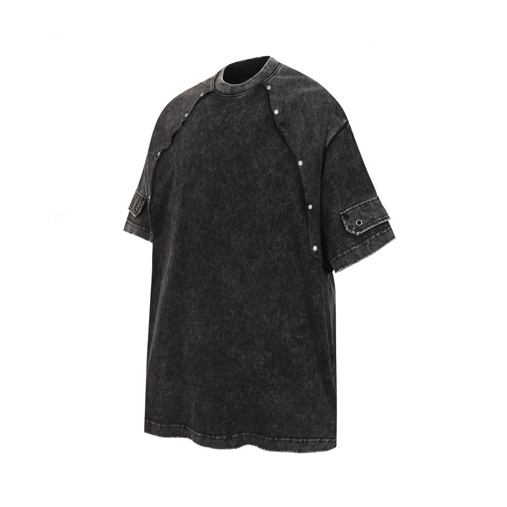 Metal Stud Patchwork Asymmetric Deconstructed Short Sleeve T-Shirt WN27906