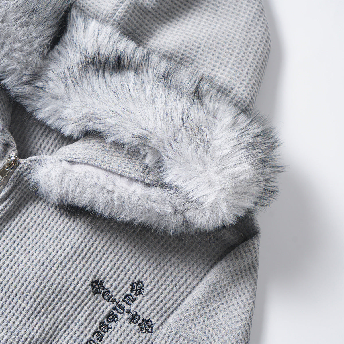 Cross Embroidery Fake Fur Collar Zipper Hoodie WN21880