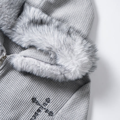 Cross Embroidery Fake Fur Collar Zipper Hoodie WN21880