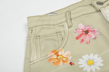 Floral Print Cropped Denim Half Jeans WN25465