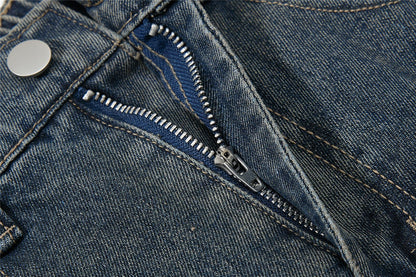 Washed Damage Multi-Pocket Curved Leg Denim Jeans WN26807
