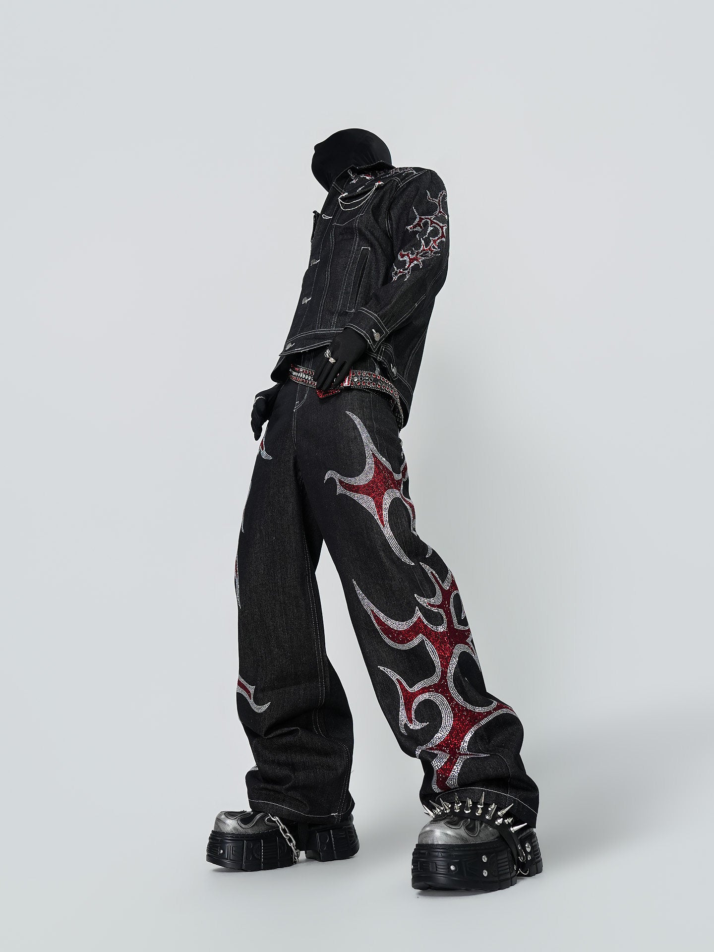 Rinestone Design Denim Jacket & Rinestone Design Wide Leg Pants Setup WN24296